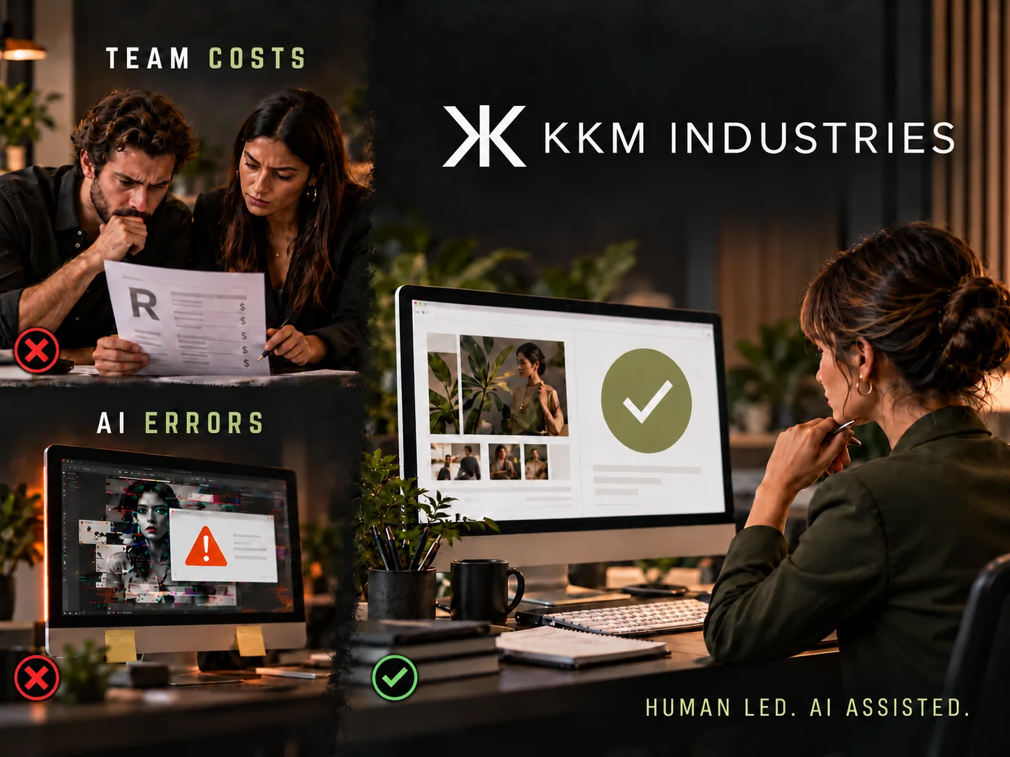 Marketing team costs and AI errors contrasted with managed marketing from KKM Industries